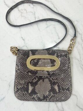 $198 Michael Kors Berkley Snakeskin Crossbody Bag Gold Hardware Gray Taupe